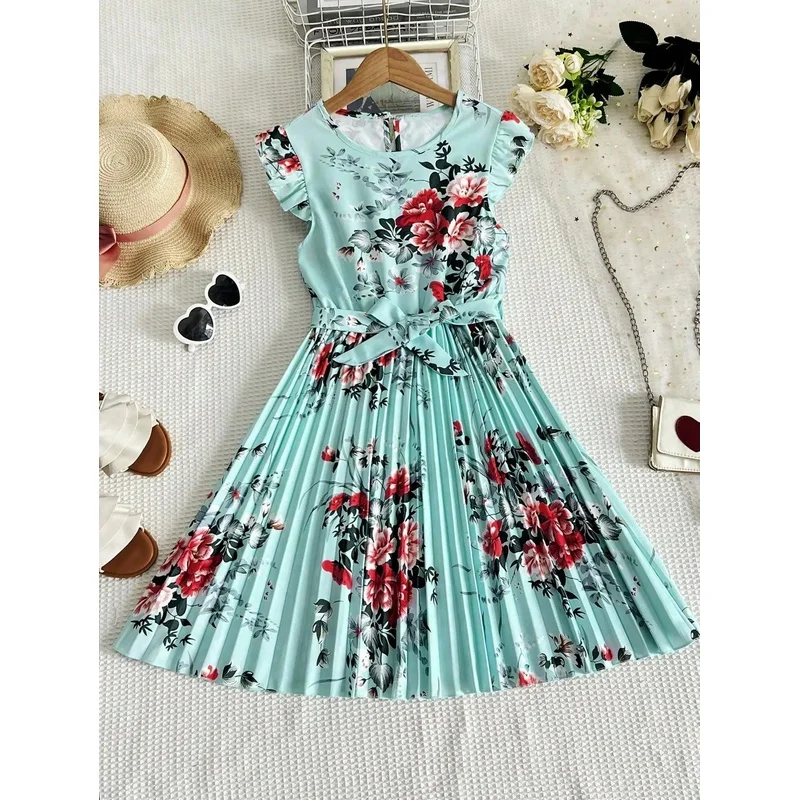 Girls Retro Elegant Printed Lotus Sleeve Mid-Length Dress with Belt Pleated Princess Style Gift Dress