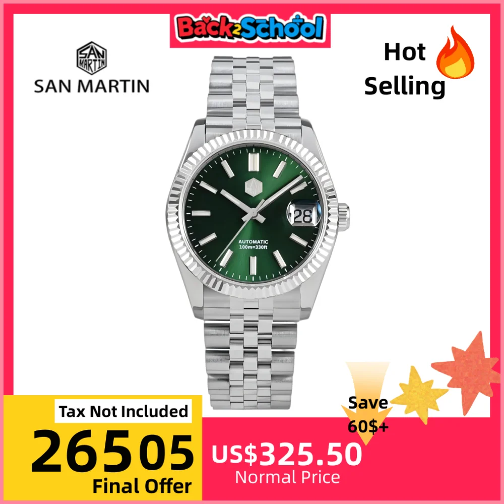 San Martin Watch For Men Mechanical Watches Waterproof 36.5mm Wristwatch Luxury Automatic Date Sapphire Glass Lume 10Bar SN0058x