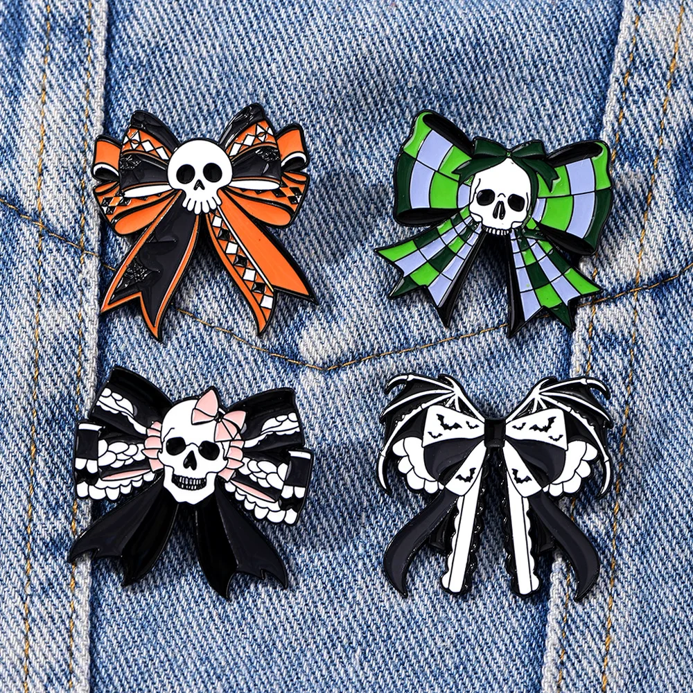 Cartoon Bowknot Enamel Brooches Lapel Pins Skull Bat Spider Web Witchcraft Gothic Halloween Badge Punk Jewelry Gift For Friend