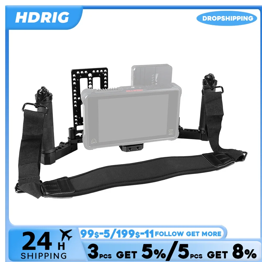 HDRIG Camera Director’s Monitor Cage Rig With Dual Rubber Handgrip Neck Shoulder Strap Battery Plate Photography Accessories