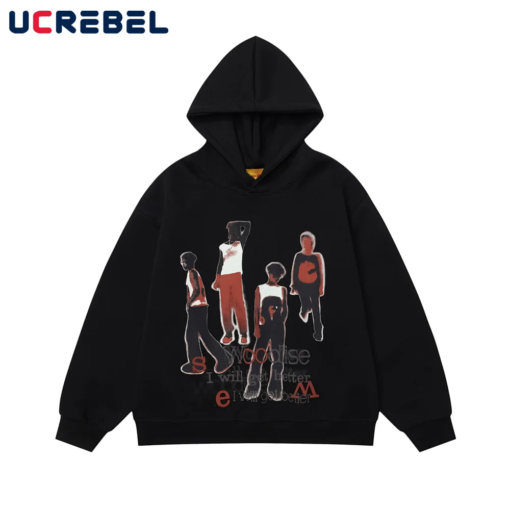 Portrait Print Hooded Sweatshirts Mens Hip Hop Streetwear Autumn Winter Loose Long Sleeve Hoodies Men