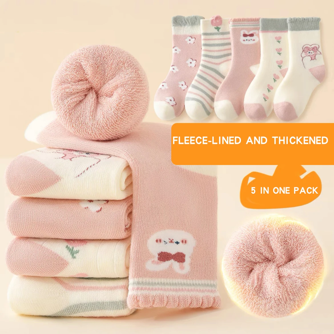5 Pairs Thickened Fleece Rabbits Pattern Children Girls Warm Socks Lovely Trendy Soft Comfortable Elastic Half Sock for Girls