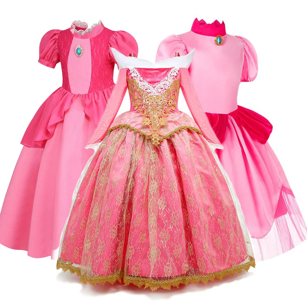 

2023 Girls Princess Party Peach Dress Girls Sleeping Beauty Cosplay Costumes Birthday Halloween Vestidos Rapunzel