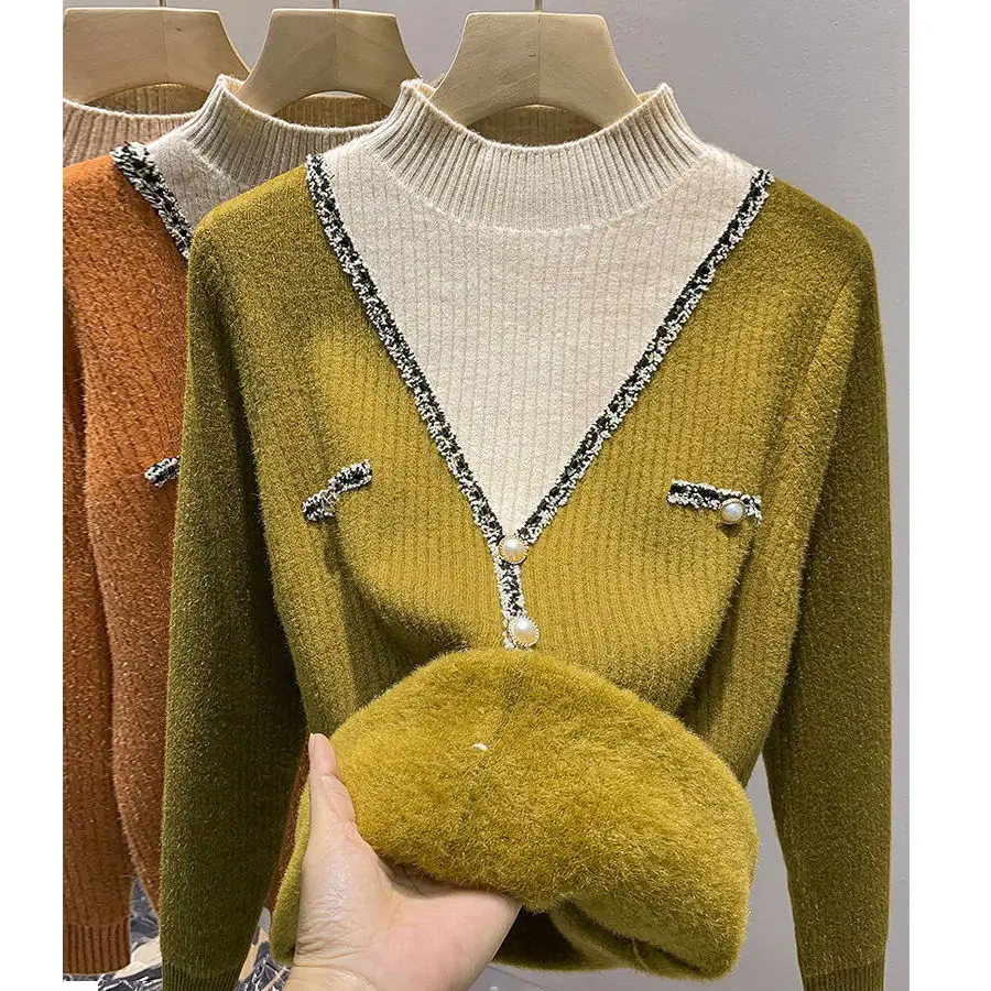 Autumn and Winter New Fashion Plush Thickened Half High Collar Fake Two Piece Sweaters Women's Knitted Underlay