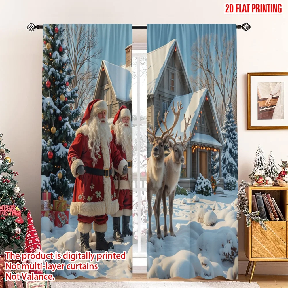 

2pcs 2D flat printing Merry Christmas Popular Curtain Santa Claus Reindeer Christmas Cottage Polyester Without Electricity