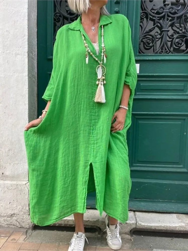 

Casual Solid Loose Dress For Women Fashion Long Sleeve V Neck Pullover Dresses Robe Femme Summer Holiday Womens Clothing New