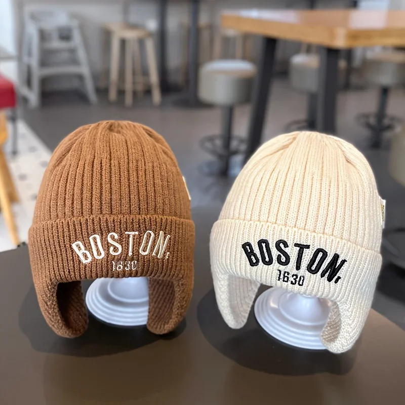 BOSTON Ear Protection Knitted Hat for Autumn and Winter Warmth, Flip Up Knitted Hat, Men's and Women's Retro Casual Cold Hat