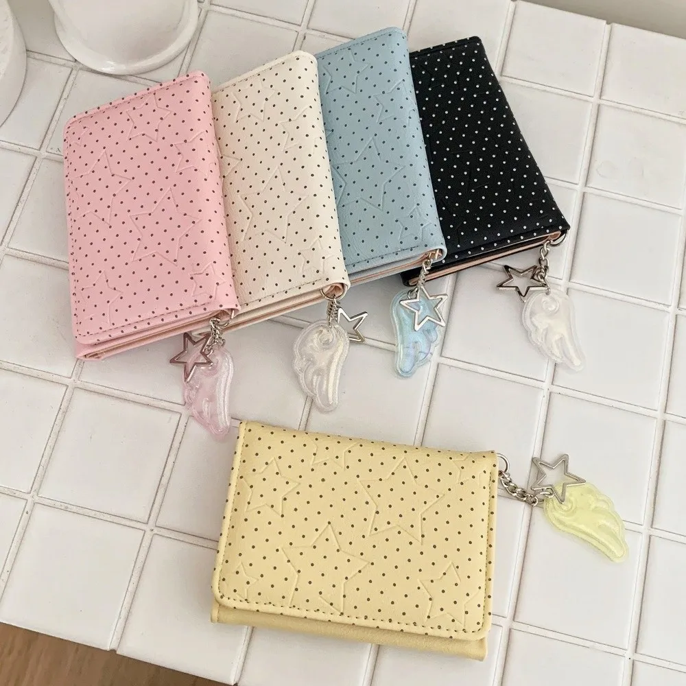 Fashion PU Leather Polka Dot Trifold Wallet Lightweight Star Wing Pendant Card Holder 5 Card Slots ID Window Coin Purse Student