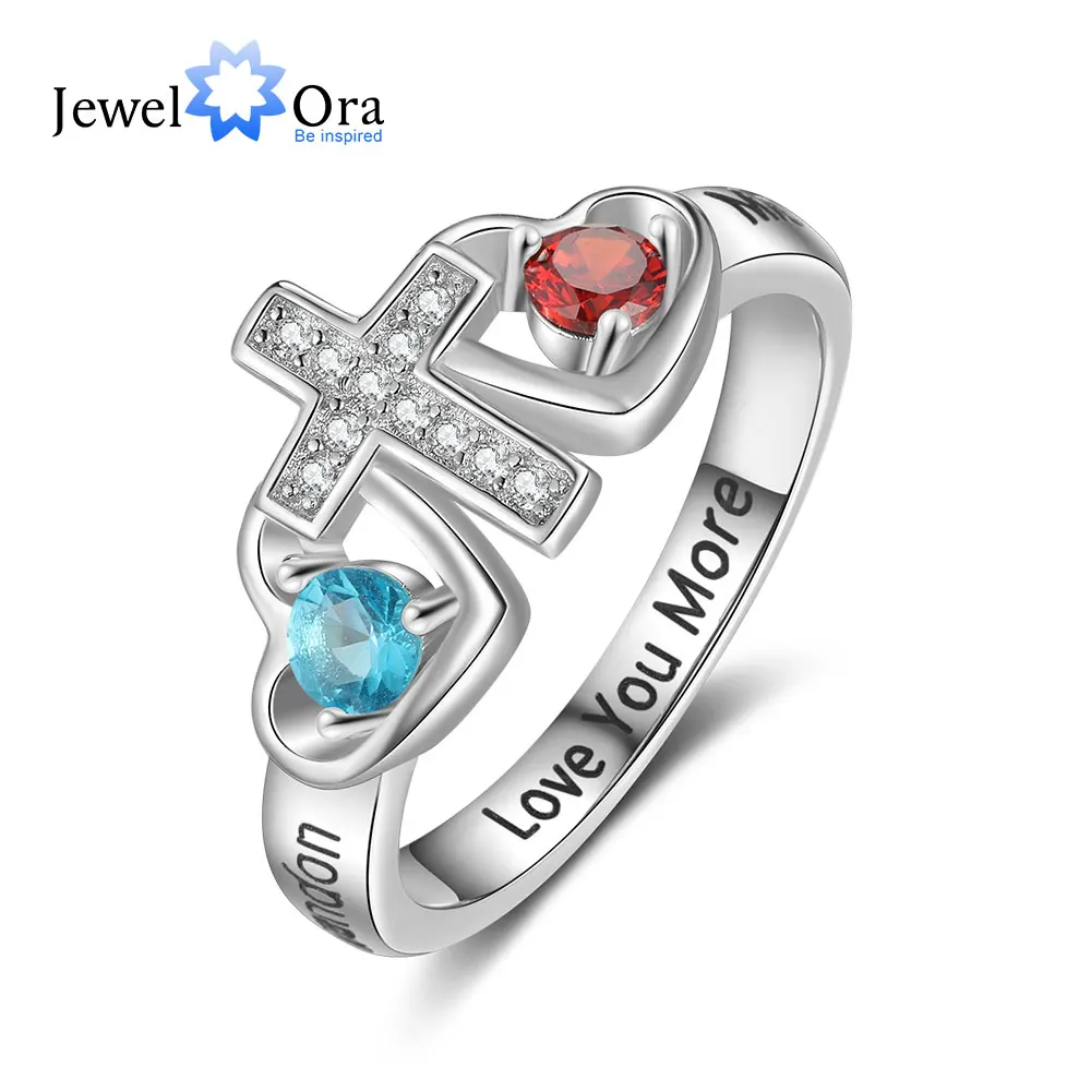 

Personalized Engraved Name Mother Ring with 2 Birthstone Customized Birth Stone Cross Rings for Women Christmas Gift for Grandma