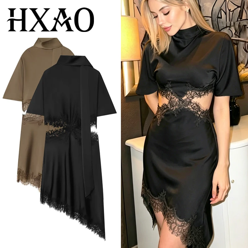 HXAO Spitzenkleider für Damen, Sommer, schwarzes Midi-Satin-Kleid, asymmetrisches, kurzärmeliges Kleid, elegantes, kokettes Partykleid