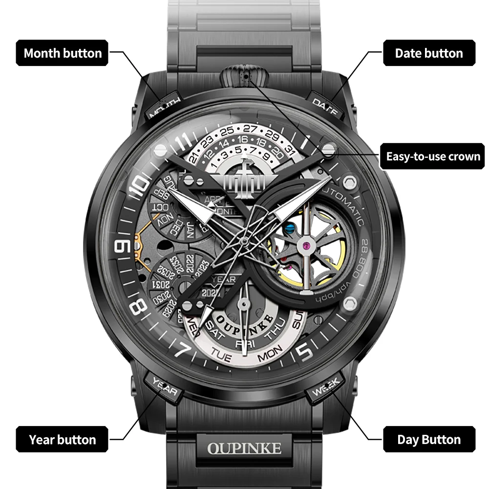 OUPINKE 3278 ساعات أوتوماتيكية للرجال هيكل عظمي 316 ستانلس ستيل 50 متر مقاوم للماء مصمم إيطالي ساعة ميكانيكية تعاونية #6