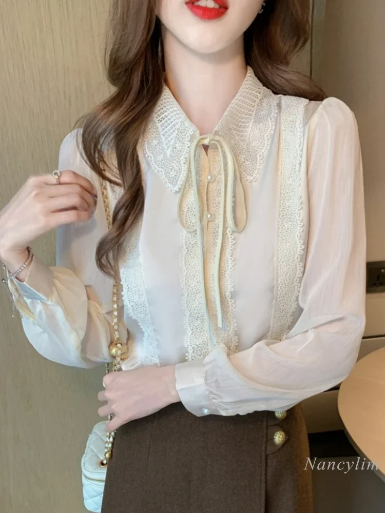 

Doll Collar Long-sleeved Chiffon Blouse Women's Autumn Shirt 2024 New European High-end Lace Top Temperament Beautiful Blusas