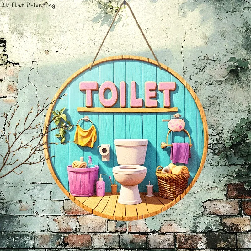 Vintage Aluminium Cute Macaron Color Toilet Round Tin Sign, 3D Bathroom Scene Wall Decor for Restroom & Cafe Home