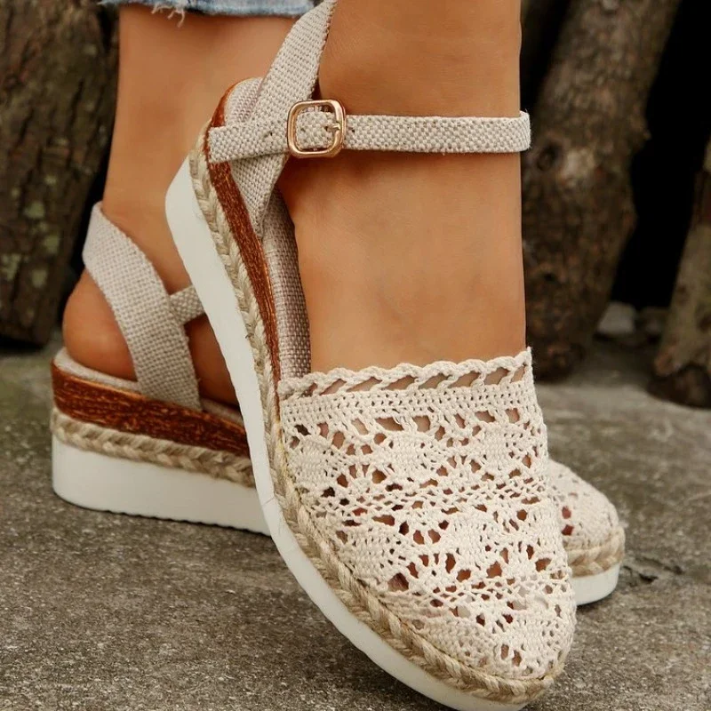 Summer Grass Woven Slope Heel High Heel Lace Sandals Ankle Strap 2024 New Simple and Fashionable Linen Woven Cross Strap