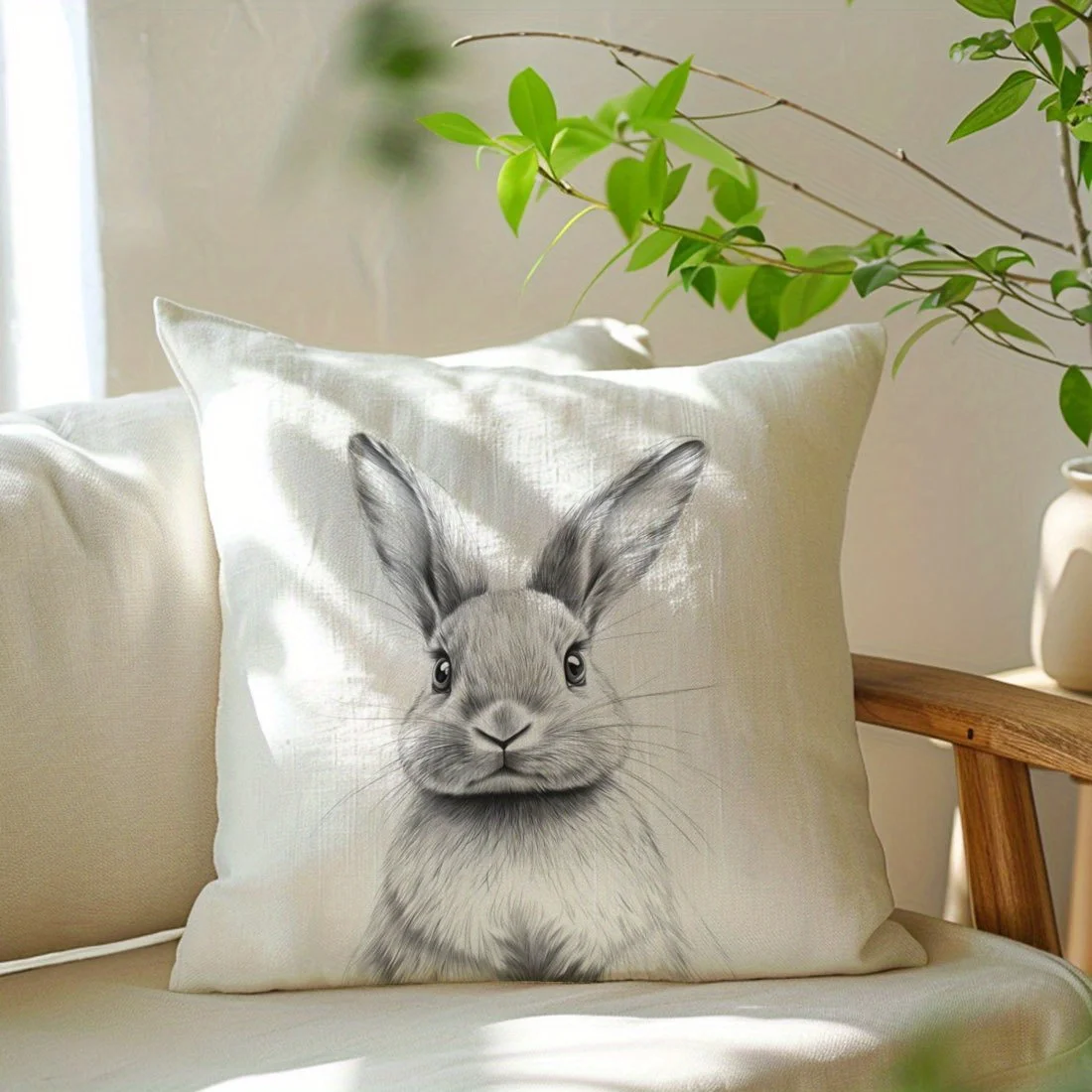 1pc Sketch Rabbit Printed Throw Pillow Cover, Suitable for Sofa,Bedroom,Living Room,Study Room,a Healing Gift for Rabbit Lovers.