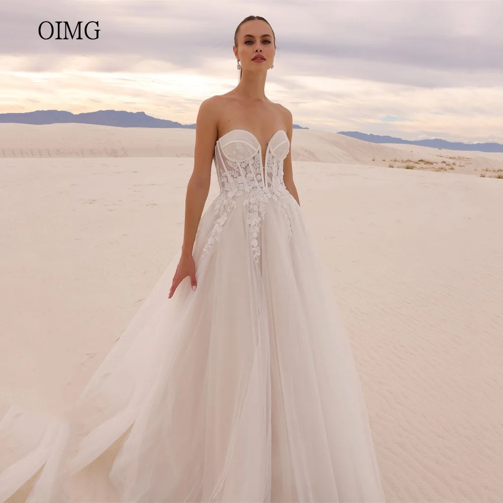 

OIMG Classic Ivory A-line Wedding Dress Sweetheart Neck Backless Bride Dresses Floor Length 3D Flower Wedding Gowns Customized