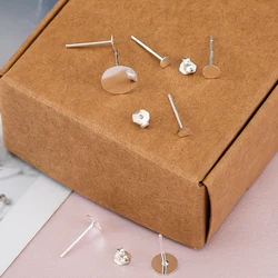 20pcs 100% Real 925 Sterling Silver Earring Post Stud Pins Base With Earring Backs 4 5 6 8mm Cabochon Setting For Jewelry Making