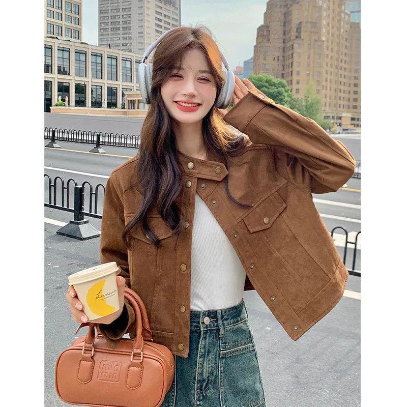 Women's Suede Utility Jacket Spring Summer Short Slim Cropped Work Jackets Casual Tops