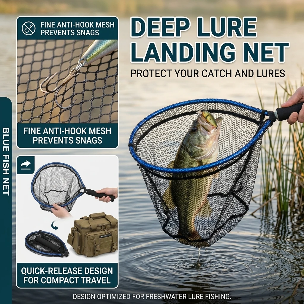 

Aluminum Alloy Fishing Landing Net Fine Mesh Anti Hook Deep Design Lightweight For Lure Fishing Sea Fishing Anglers Blue 42x25cm