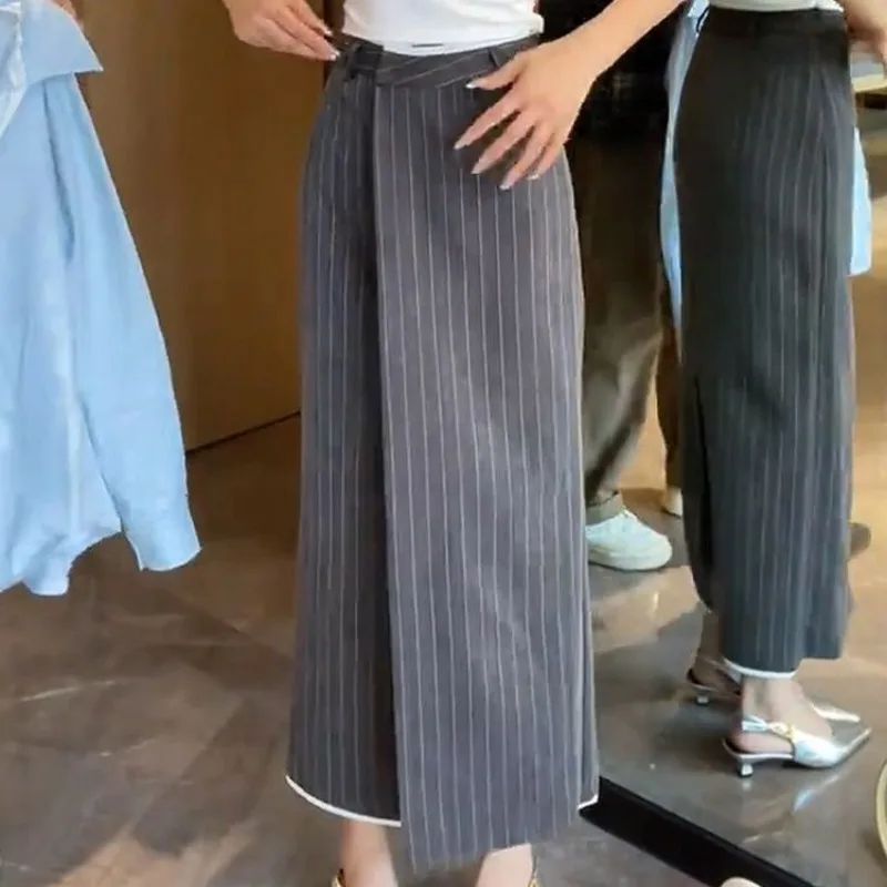 

Autumn New High Waisted Versatile Slimming Pocket Contrasting Striped Straight Tube Skirt for Women