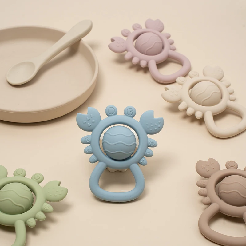 Baby-Krabben-Rassel-Spielzeug, Silikon-Beißringe, BPA-frei, 2-in-1-Rassel und Beißring, Spielzeug für Babys, Neugeborene, Geschenke, Säuglingsrasseln mit weichem Griff
