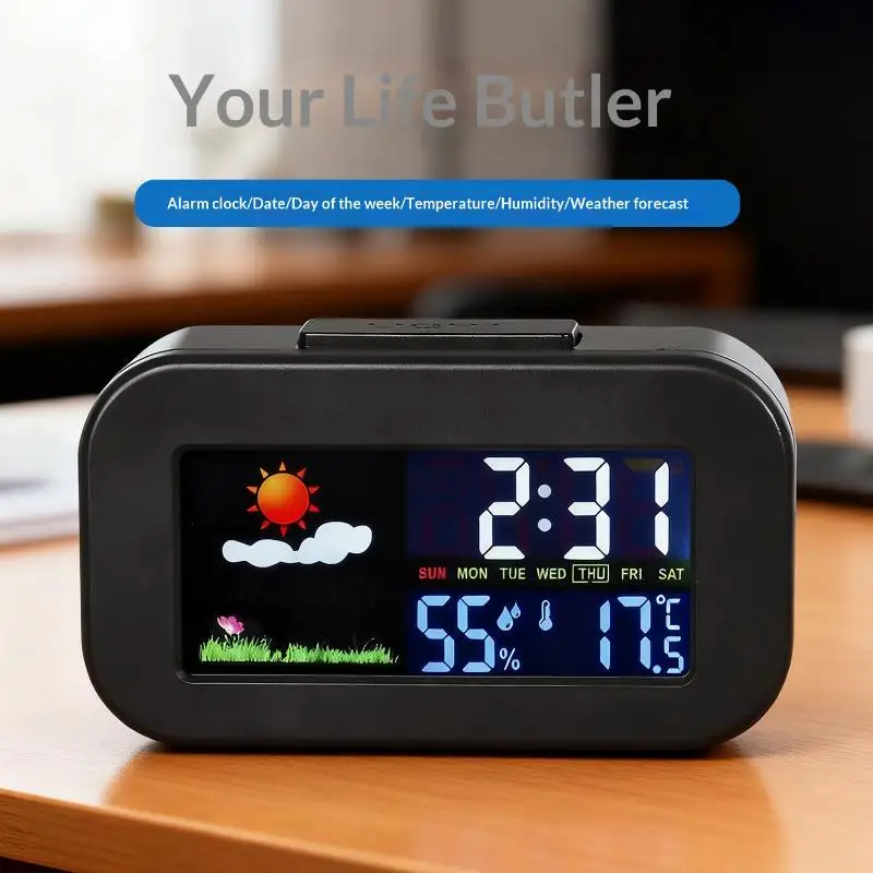 Intelligent Weather Station Clock Color Display Temperature Humidity Monitor Backlit Design for Bedroom Dorm Desk Kids Teens