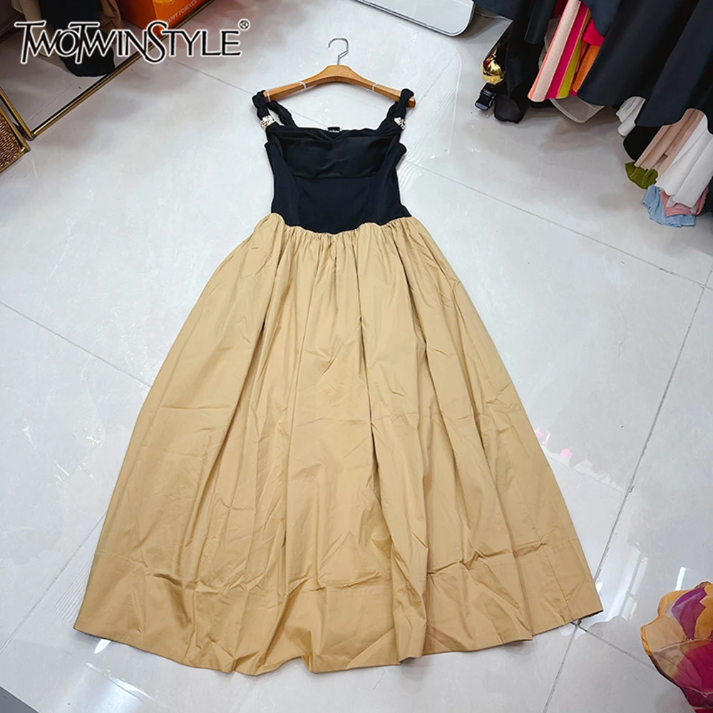 

TWOTWINSTYLE Designer Slimming Dresses For Women Square Collar Sleeveless High Waist Chic Hit Color Dress Female New KDR537586