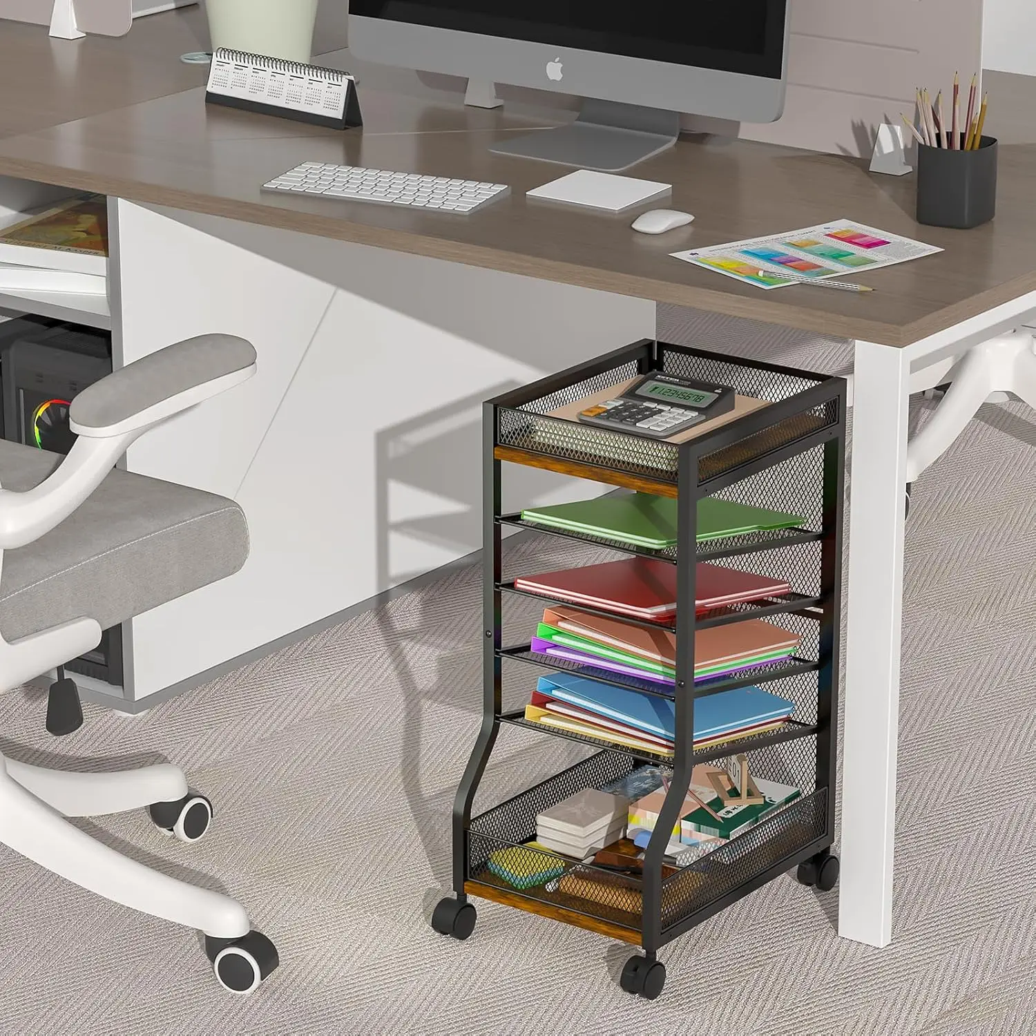 عربة ملفات رفيعة مكونة من 6 طبقات مع عجلات، منظم تحت المكتب لتخزين المكتب والمنزل