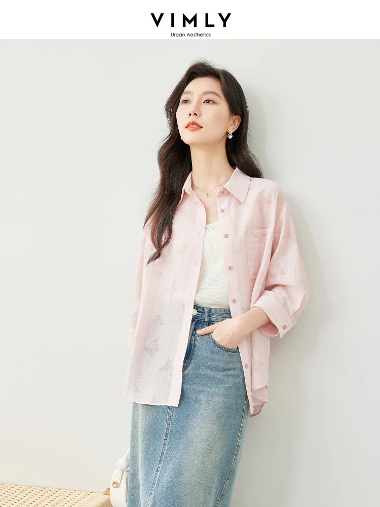 Vimly Light Pink Button Up Casual Lyocell Shirt 2024 Spring Lapel Three Quarter Sleeve Thin Printed Women Blouse Clothes M6815