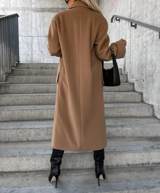 CPSYMYM Damenmantel Herbst Winter Langarm Kerbkragen Zweireiher Feste Beiläufige Lose Lange Wolljacke Mantel