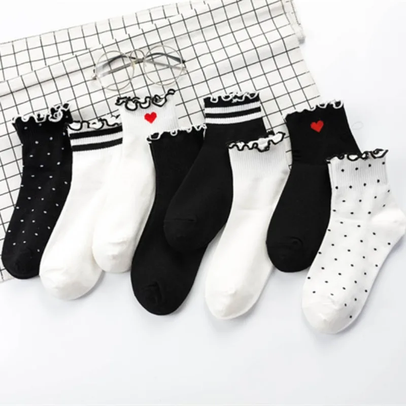 

Women Cotton Socks Red Heart Polka Dot Sock White Cute Black Ruffle Short Socks Casual Girls Socks Ladies Sock For Girls