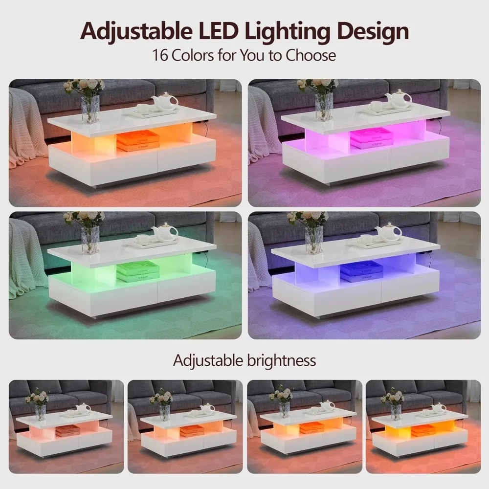 LED Coffee Table, Modern High Glossy Coffee Table with 4 Drawers and Open Display Shelf Wood Rectangle Center Tables