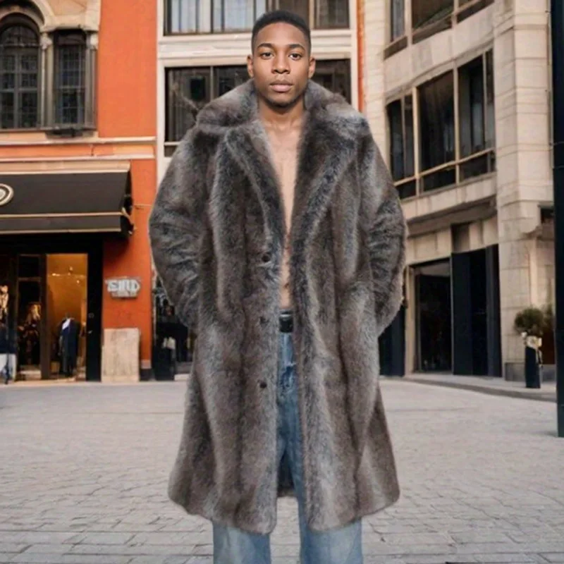 

Men Faux Fur Long Coats Jackets Turn Down Collar Coat Thick Casual Loose Streetwear Jacket Work Outerwear Autumn Winter 2025