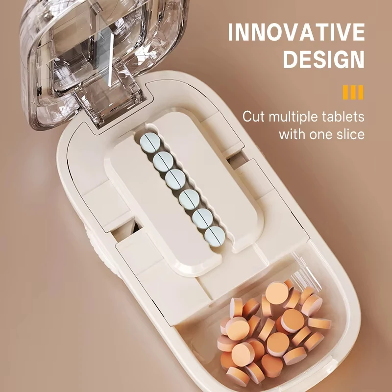 Pill Cutter & Storage Box – Quartering 1/2/1/31/4 Splitter, Portable Dustproof Tablet Divider Organizer with Crusher, Home Tools