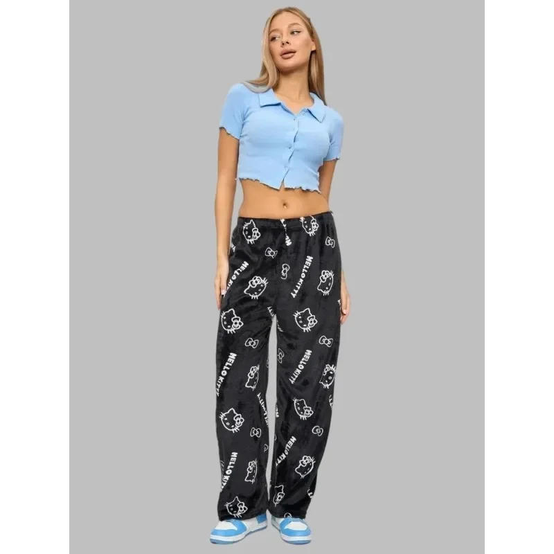 Black HelloKitty White Outline Bow Flannel Sleep Trousers Soft Warm Straight Leg Loungewear for Women Holiday Birthday Gift