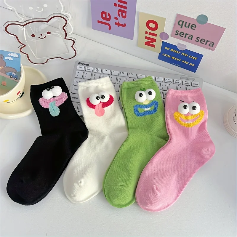 

4 pairs of cute ugly and cute women's socks funny big eyed mid tube socks sausages mouth socks