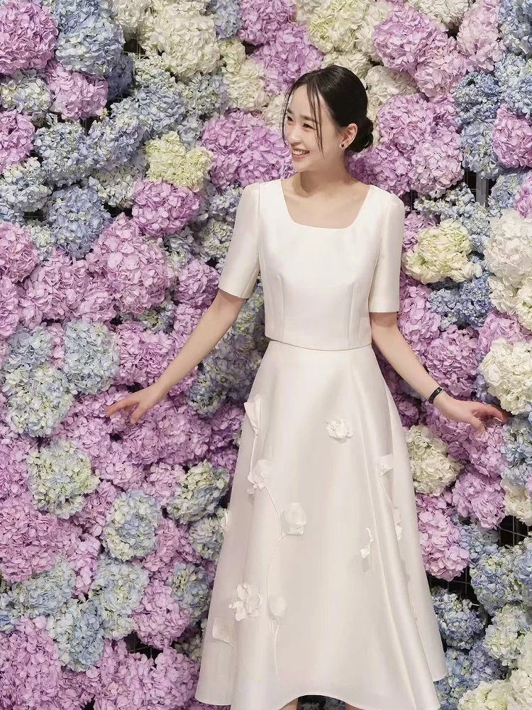 LILURR High Waist Midi A-Line Skirt with 3D Flower Decoration Fashionable Slimming Korean Style Women's Skirt for Commuting