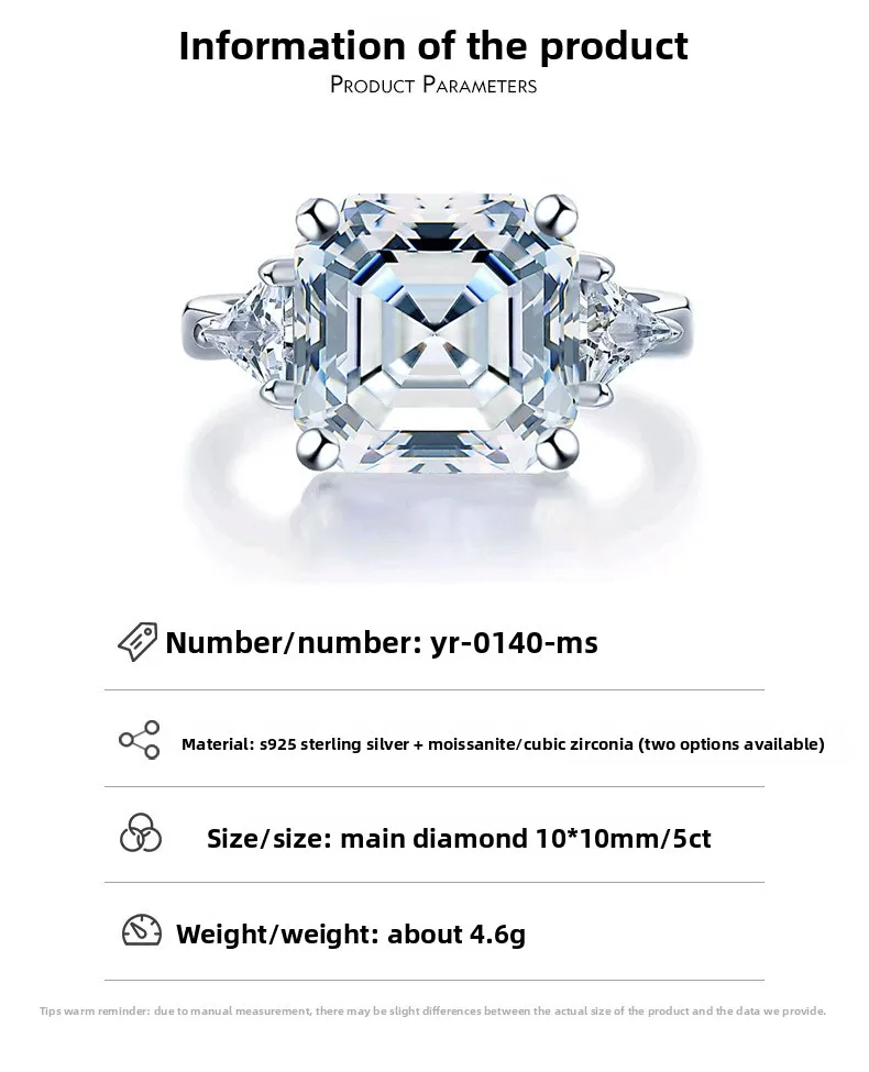 5CT D Color 10x10mm Square Asscher Cut Moissanite Ring in S925 Silver for Women | Luxury Banquet Jewelry