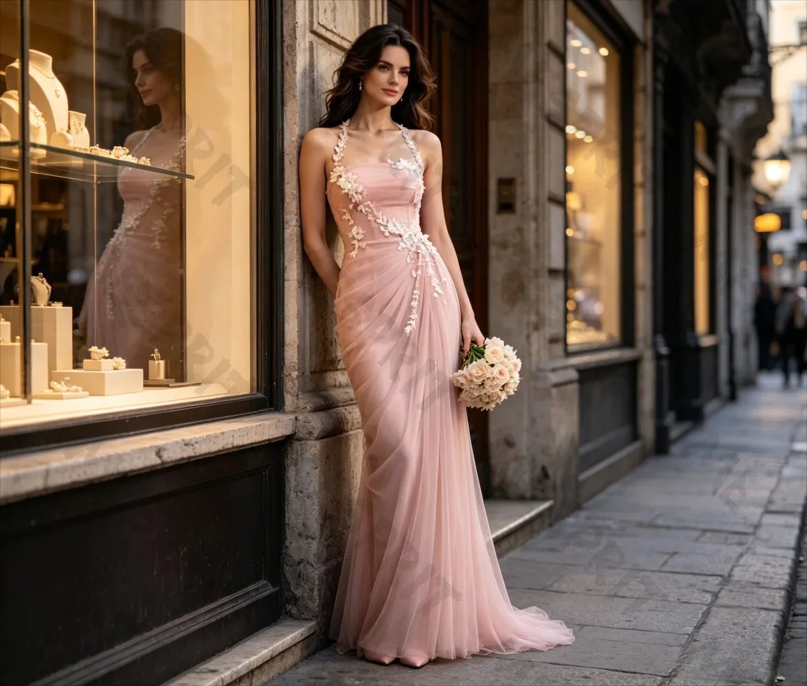 Customized Gorgeous Hanging Neck Mermaid Evening Gowns with Three-dimensional Decals, Pleated Mesh Back Straps Banquet Dresses
