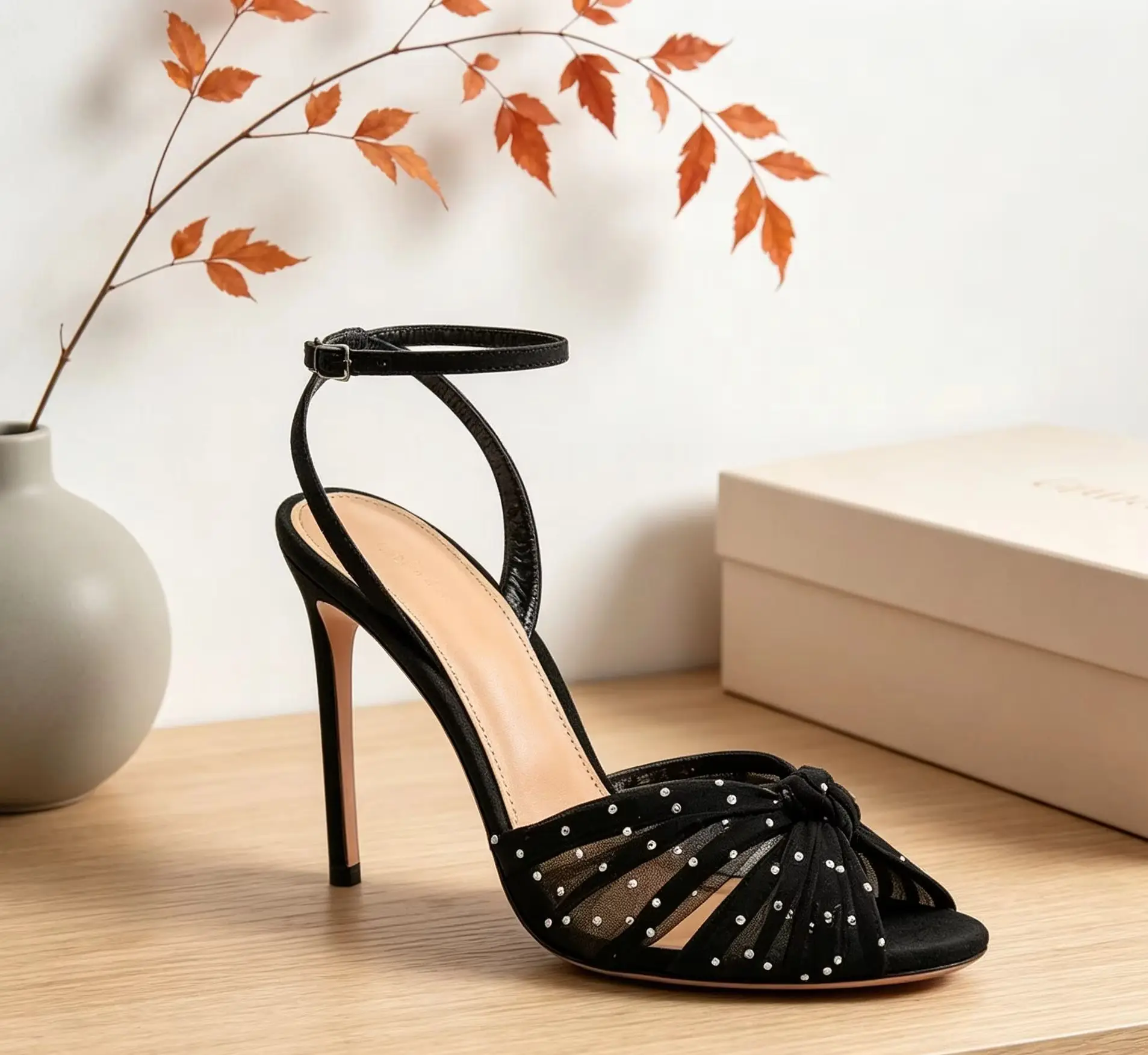 Mesh Rhinestone Knotted Women Stiletto High Thin Heel Sandal Peep Toe Ankle Strap Wedding Summer Party Sexy Luxury Fashion Shoes