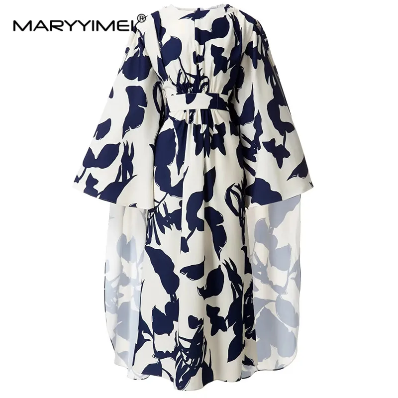 

MARYYIMEI Fashion Designer dress Spring Summer Women Dress O-Neck Belt Slim Flare Sleeve Detachable Cloak Print Long Dresses