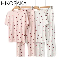 Japanese New Sweet Kawaii Strawberry Printed Pajamas Spring Summer Modal Soft Homewear Suit Loose Casual Femme 2 Piece Sleepwear