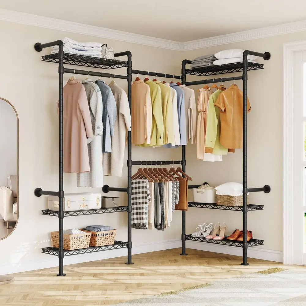

Wall Mounted Industrial Pipe Closet System, Corner Closet Organizers with 4 Telescopic Rods amp 6 Shelves, Heavy Duty Clothing