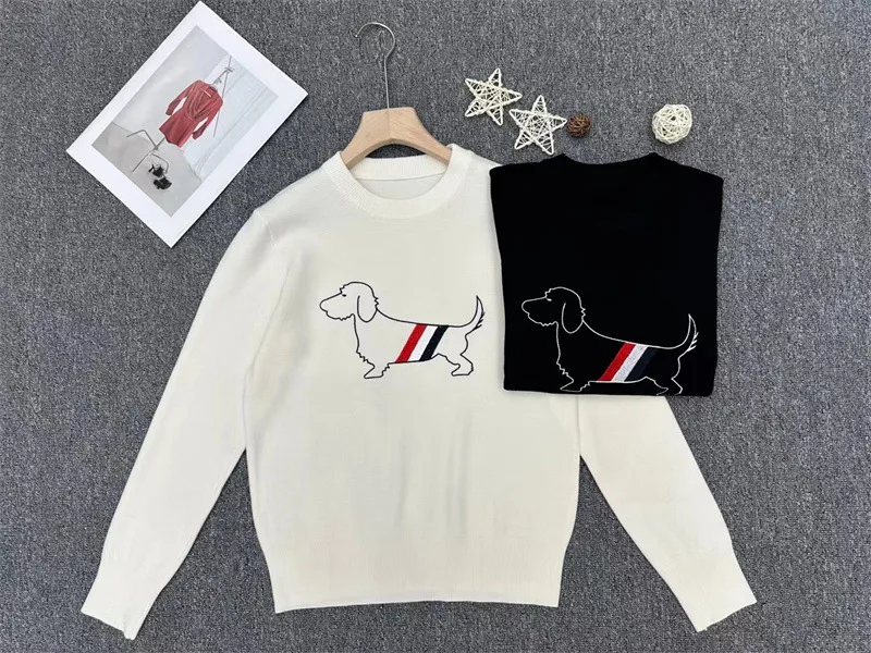 round neck pullover for women,  embroidery  knitted sweater ,white/black, dog cute jumpers,  свитер женский , Aesthetic Clothes