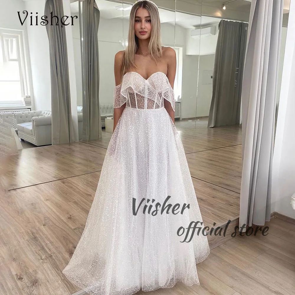 

Viisher White Dotted Tulle Off Shoulder Wedding Dresses Illusion Corset Sweetheart Bride Dress A Line Long Bridal Gowns