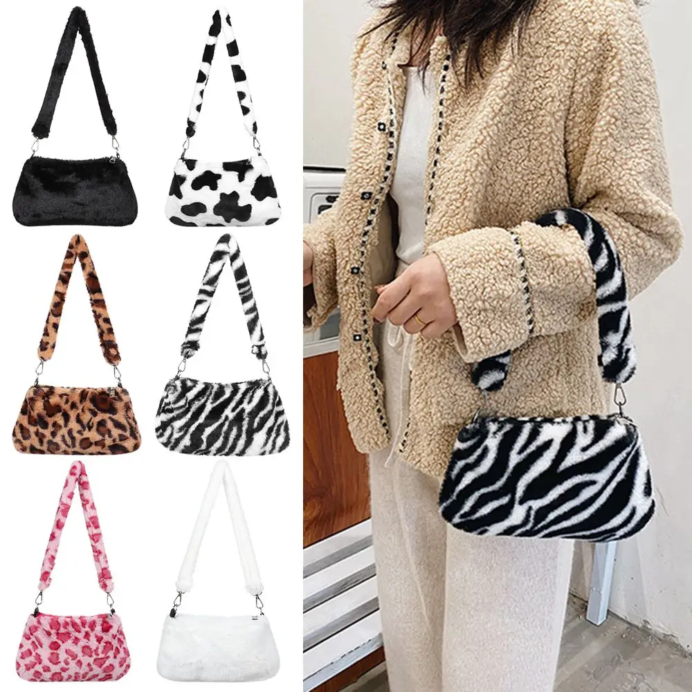 

Women Animal Print Leopard Plush Shoulder Bags Handbags Messenger Bags Underarm Bags