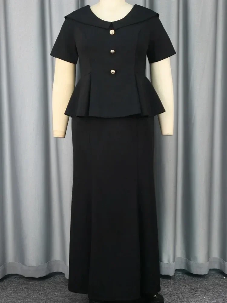 

2025 комплект из двух предметов, одежда больших размеров, лето-осень, топ с короткими рукавами и макси-юбка с круглым вырезом, женские комплекты, уличная одежда, офисный женский костюм