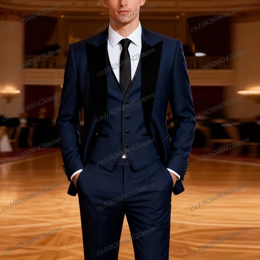 

Black Collar Navy Blue Formal Men Suit Groom Groomsman Wedding Party Prom Business Male Tuxedos 3 Piece Set Blazer Vest Pant