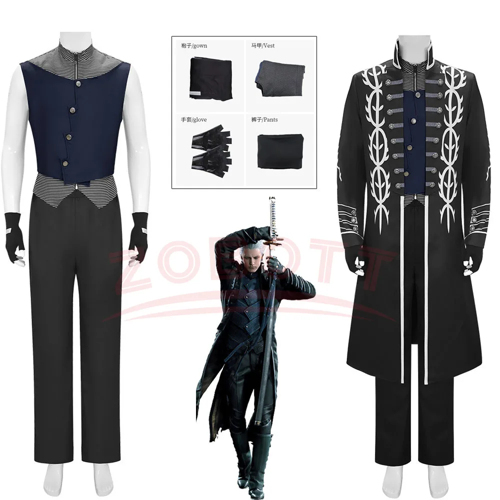 Game DMC5 Cosplay Vergil Costume Nelo Complete Outfit with Boots Halloween Carnival Men Suit Jacket Vest Costume