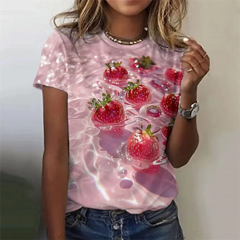 

Ripple Fruit Pattern T-Shirt For Women Strawberry Watermelon 3D Printed Short Sleeves Summer Tees Oversized T Shirts O-Neck Tops